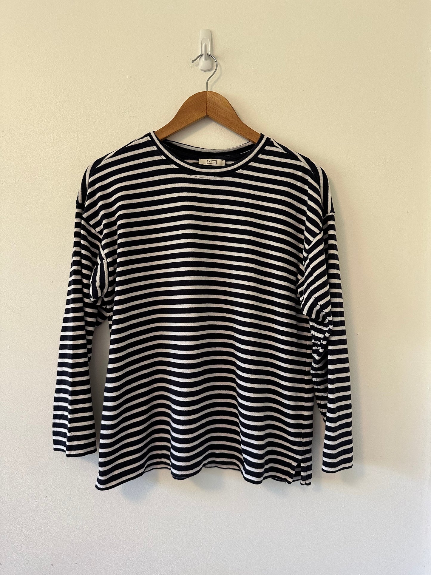 AYR The French Fry Long Sleeve T-Shirt in Navy and White Stripes | Size Large
