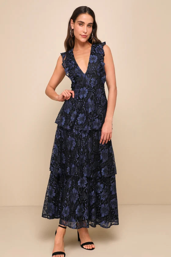 Lulu's Molinetto Navy Blue Lace Ruffled Tiered Sleeveless Maxi Dress | Size Large