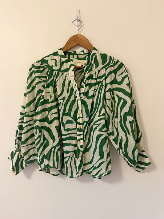 Maeve Anthropologie Green and White Zebra Print Blouse | Size XS