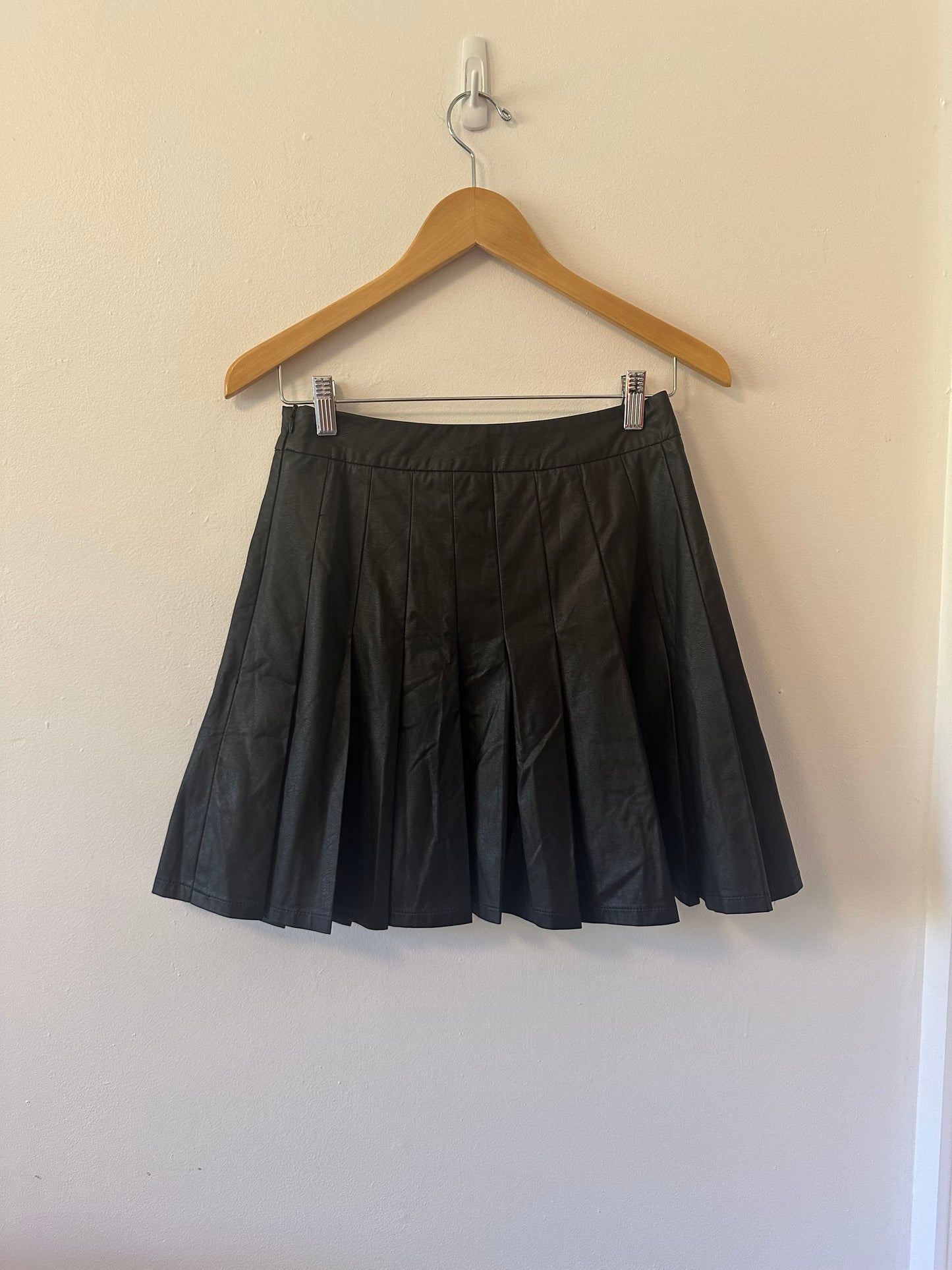 THML Black Faux Leather Pleated Mini Skater Skirt | Size Small