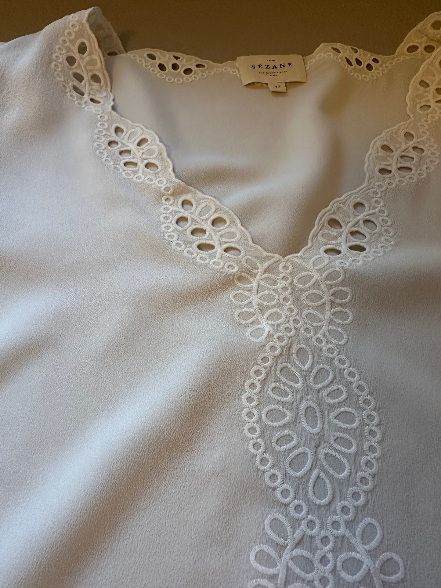 Sezane White Lace Trim Silk Blouse | Size 10 EU 42