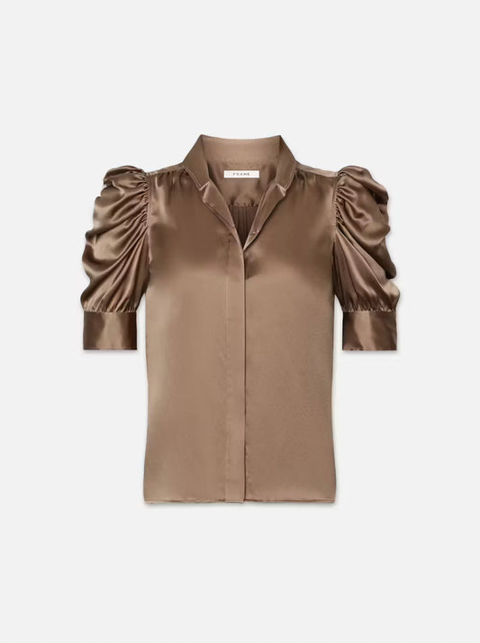 Frame Gillian Silk Puff Sleeve Blouse in Brown | Size Medium