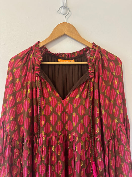 Oliphant - Fig Red and Pink Balloon Long Sleeve Tiered Ruffle Dress | Size Small