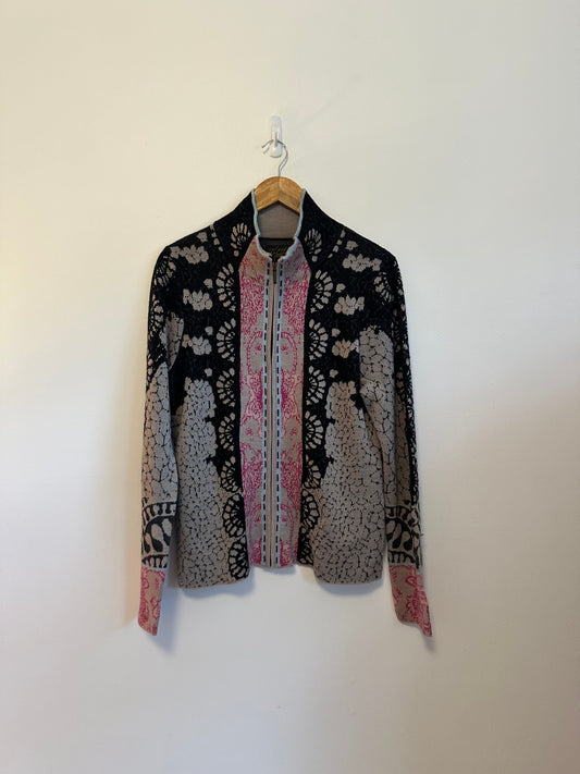 Icelandic Design Jacquard Floral Zip Front Cardigan | Size Large