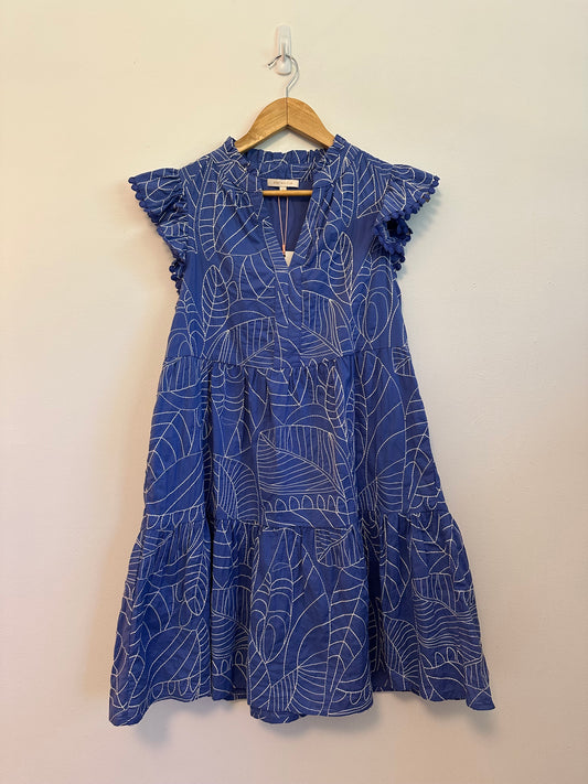 NWT Skies Are Blue Embroidered Leaf Tiered Blue Mini Dress | Size Small