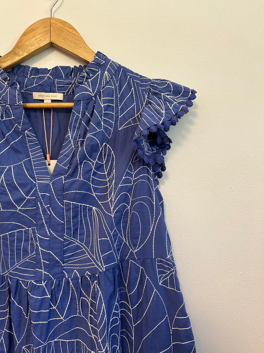 NWT Skies Are Blue Embroidered Leaf Tiered Blue Mini Dress | Size Small