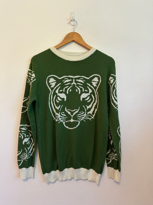 OXKNIT Green Tiger Graphic Intarsia Cotton Crewneck Sweater | Size Medium
