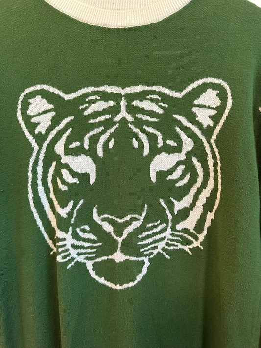 OXKNIT Green Tiger Graphic Intarsia Cotton Crewneck Sweater | Size Medium
