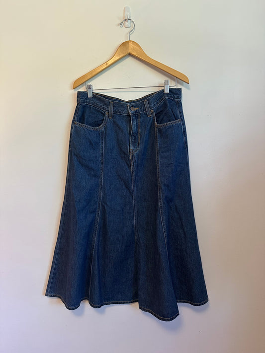 Levis Dark Wash Denim A-Line Flared Paneled Cotton Midi Skirt | Size 31
