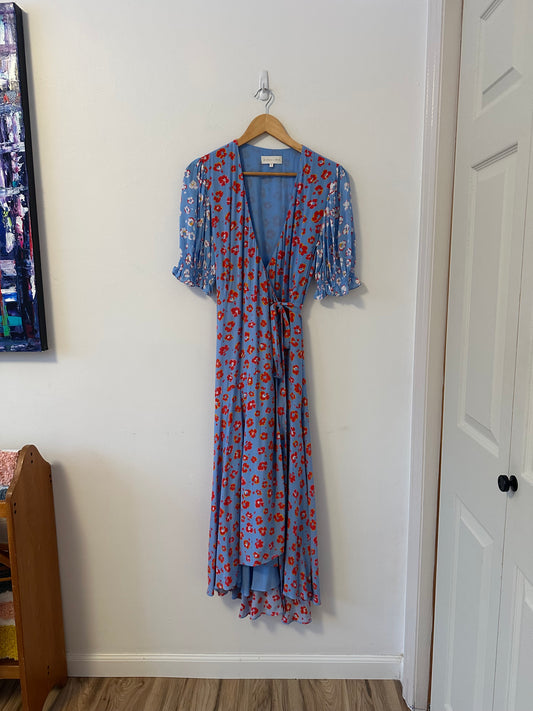Anthropologie Caballero Floral Wrap Dress in Blue and Red | Size Medium