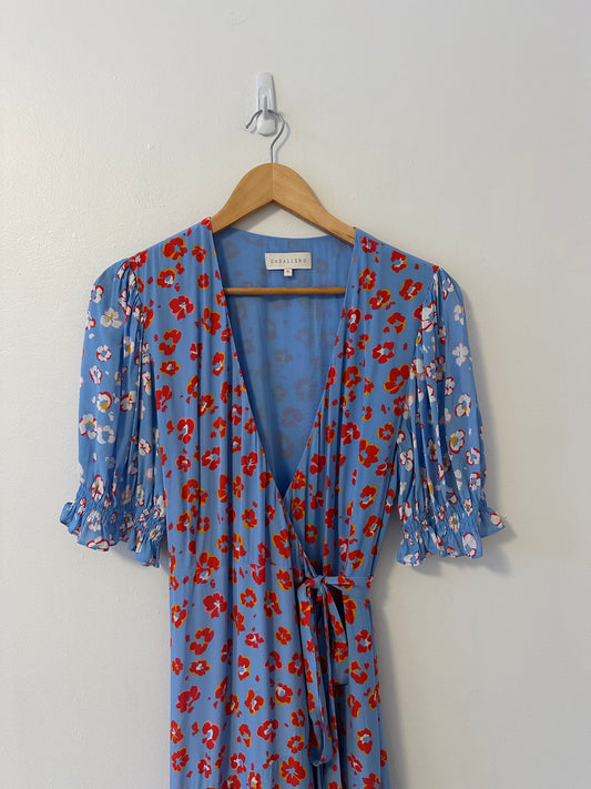 Anthropologie Caballero Floral Wrap Dress in Blue and Red | Size Medium