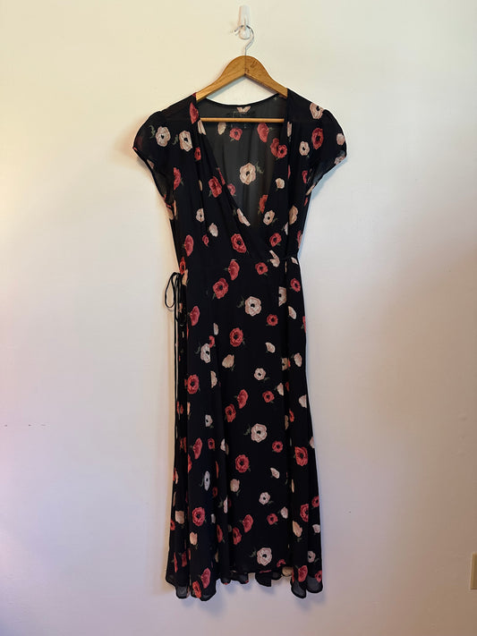 Reformation Black Floral Poppy Print Viscose Wrap Midi Dress | Size Large