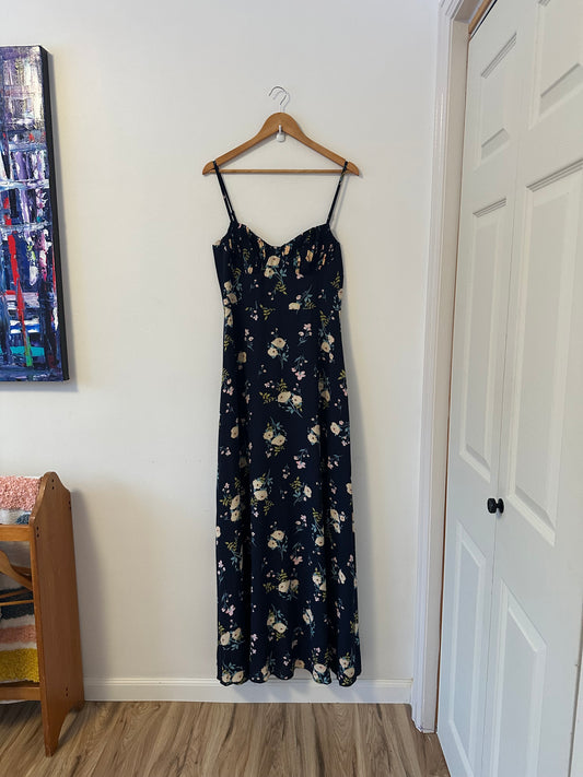 Minuet Floral Navy Sweetheart Neckline Maxi Dress | Size Large