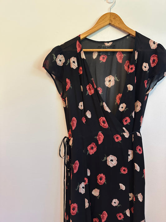 Reformation Black Floral Poppy Print Viscose Wrap Midi Dress | Size Large