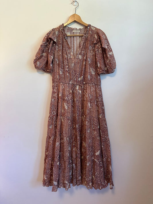 Ulla Johnson Romina Burgundy Floral Puff Sleeve Midi Dress | Size 8