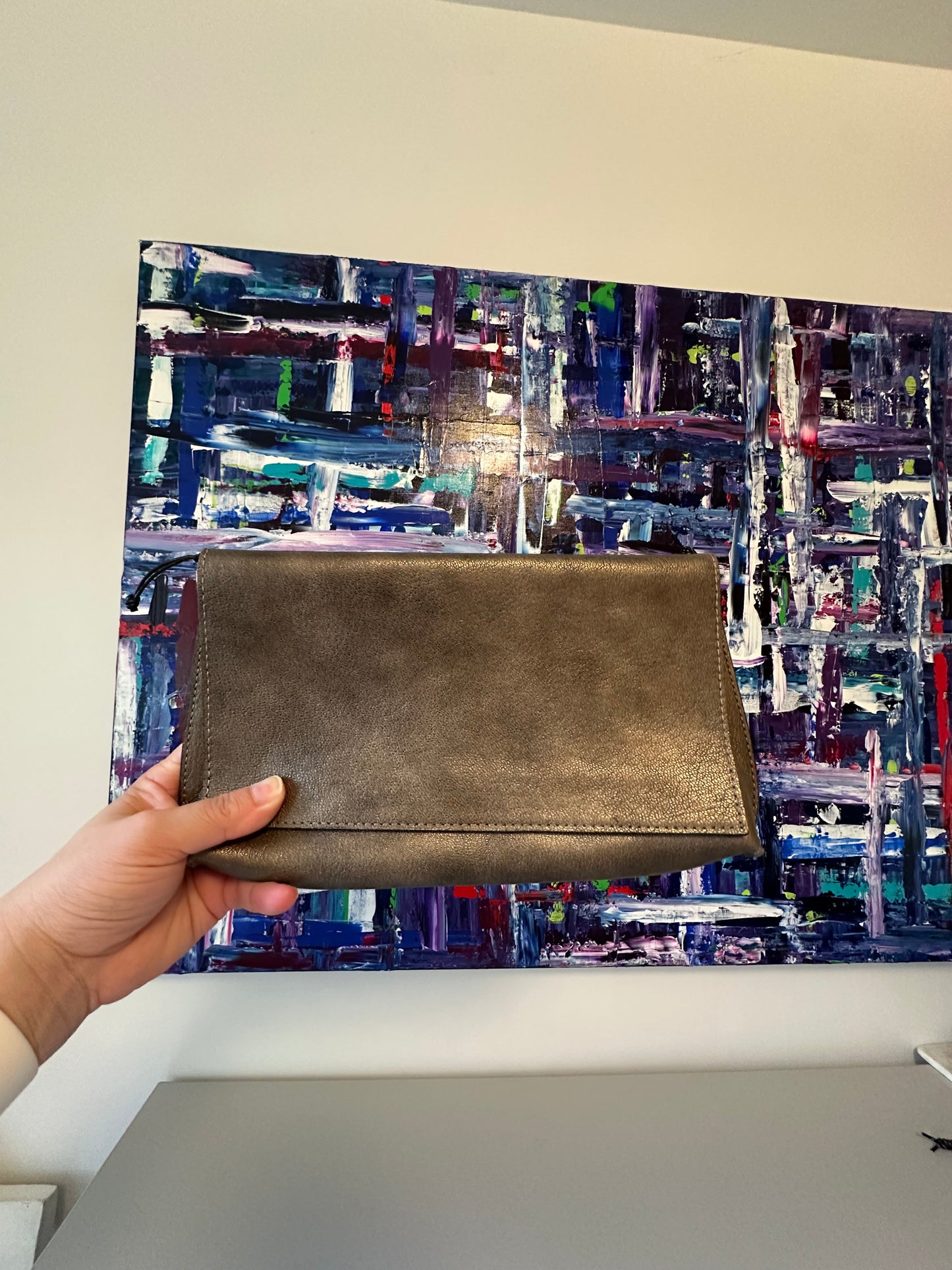 B. May Leather Foldover Clutch Bag in Pewter Orne