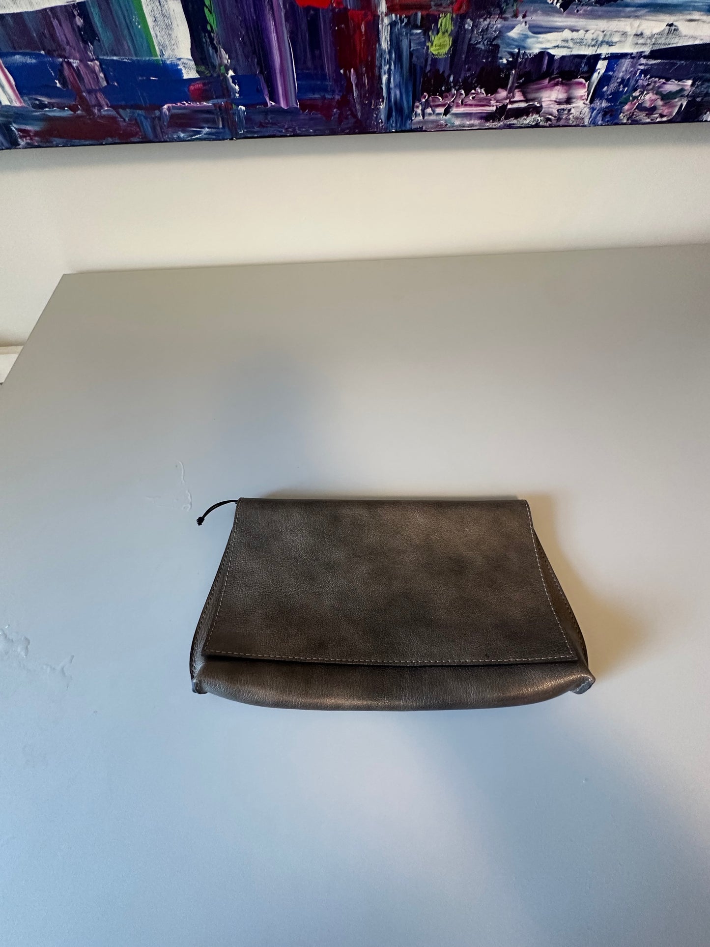 B. May Leather Foldover Clutch Bag in Pewter Orne