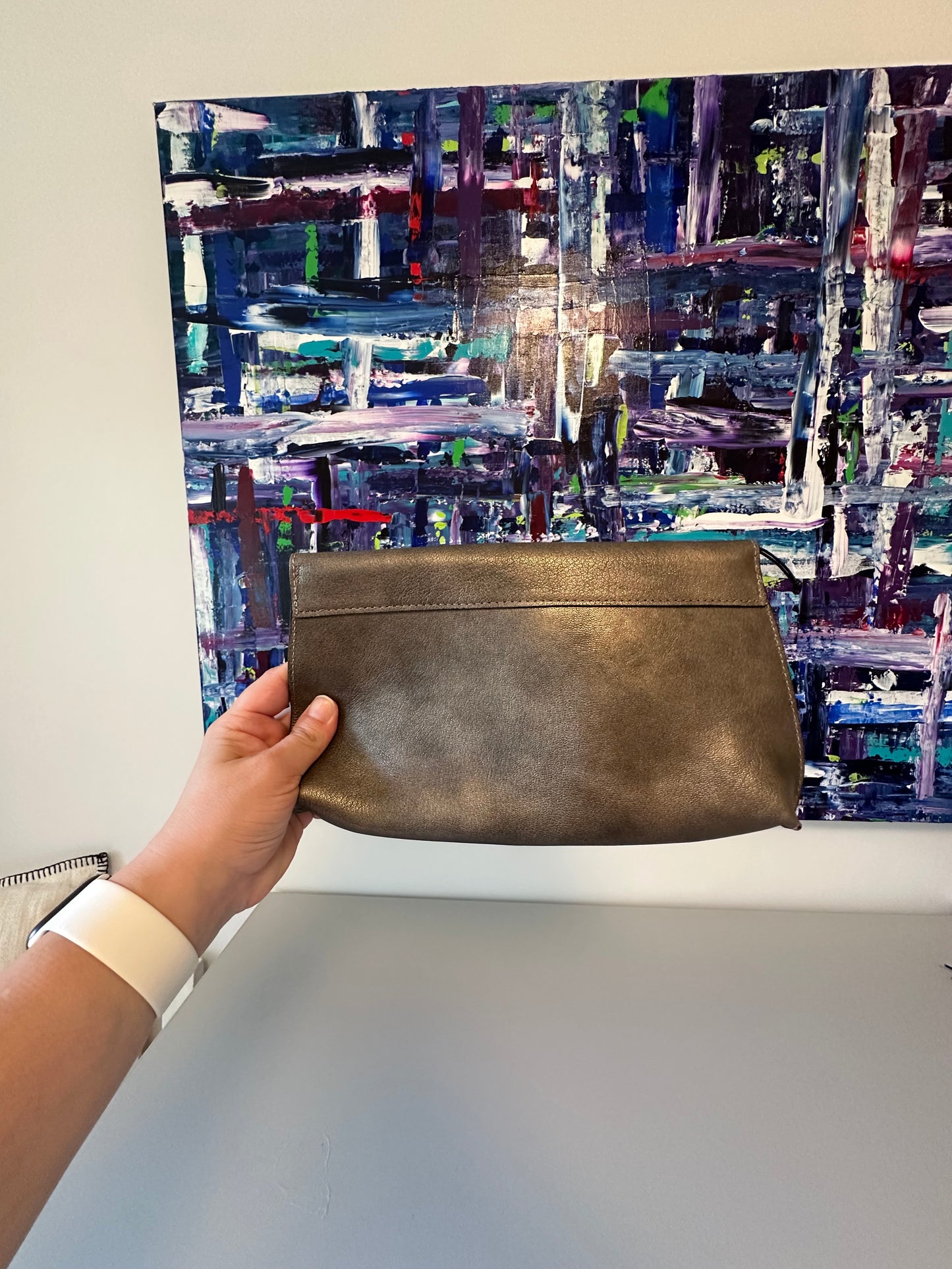 B. May Leather Foldover Clutch Bag in Pewter Orne