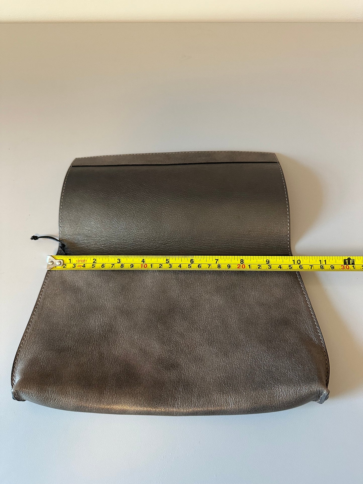 B. May Leather Foldover Clutch Bag in Pewter Orne