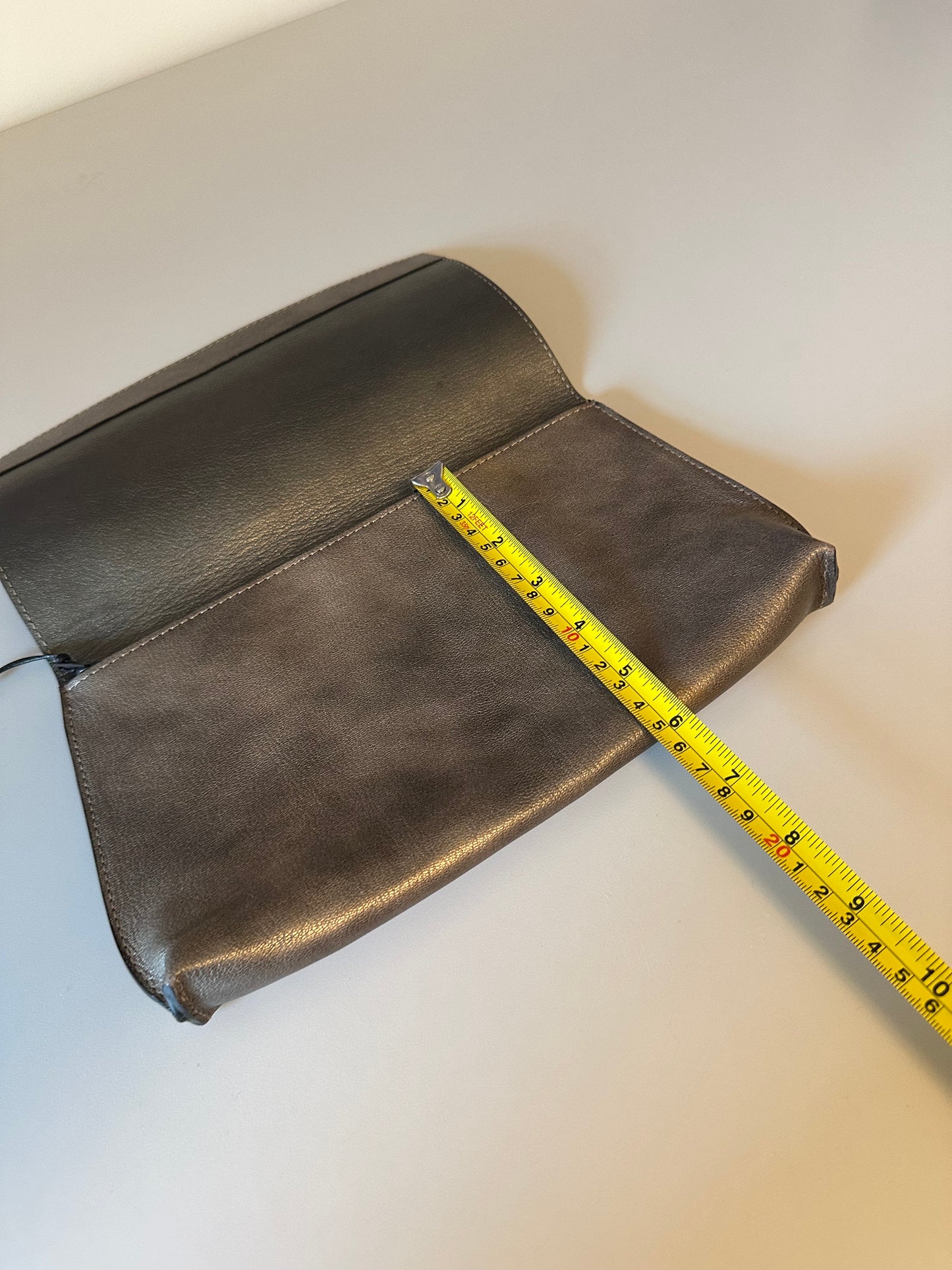 B. May Leather Foldover Clutch Bag in Pewter Orne