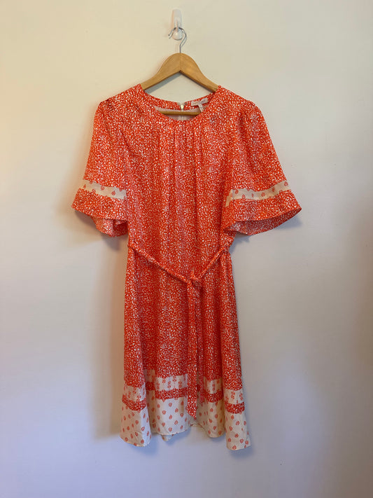 Rebecca Taylor Orange and White Silk Blend Floral Flutter Sleeve Dress | Size 10