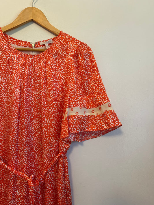 Rebecca Taylor Orange and White Silk Blend Floral Flutter Sleeve Dress | Size 10