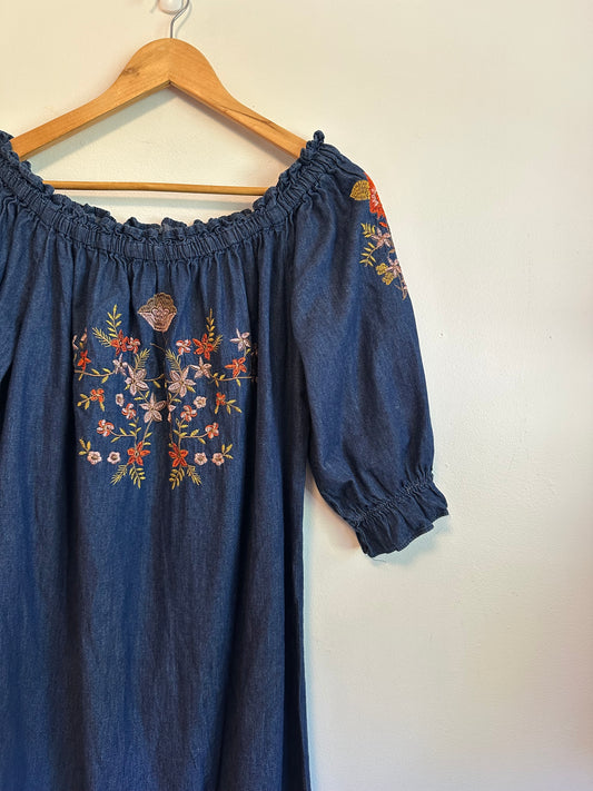 Splendid Blue Denim Off The Shoulder Embroidered Floral Dress | Size Medium