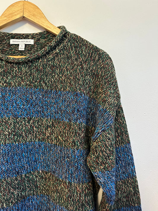 Banana Republic Small Blue Green Striped Marl Chunky Knit Cotton Sweater