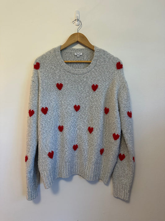 Splendid Grey Popcorn Knit Heart Embroidered Crew Neck Sweater | Size Medium
