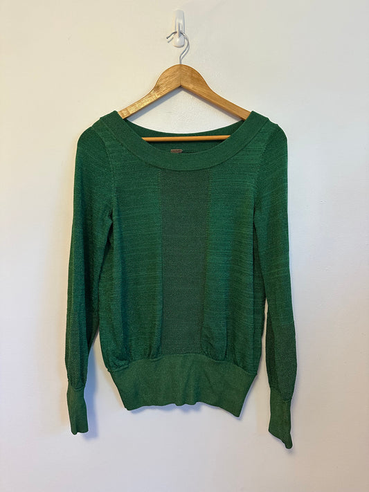 Free People Emerald Green Metallic Shimmer Knit Scoop Neck Sweater | Size Medium