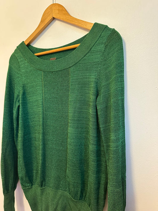 Free People Emerald Green Metallic Shimmer Knit Scoop Neck Sweater | Size Medium