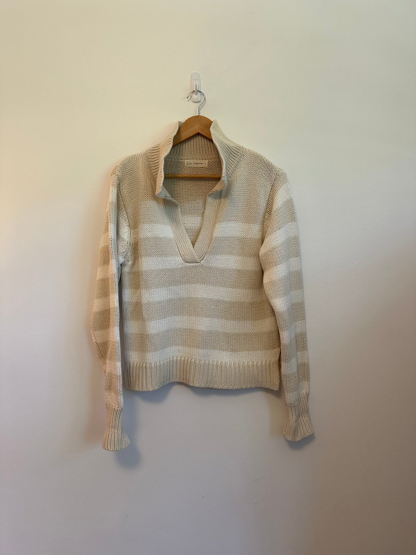 By Together Striped Polo Sweater in Sand and White | Size Small