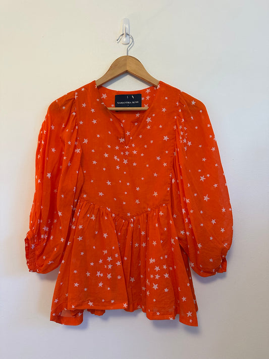 Samantha Sung Orange Star Print Puff Sleeve Babydoll Blouse | Size 4