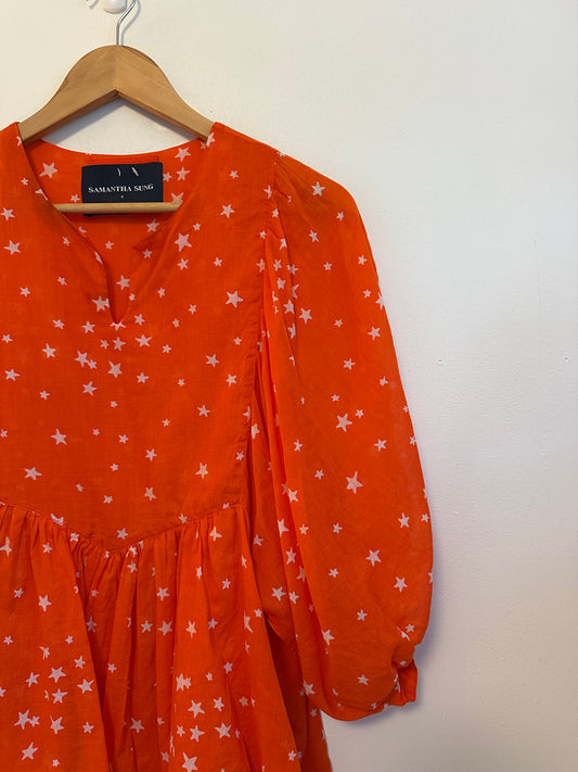 Samantha Sung Orange Star Print Puff Sleeve Babydoll Blouse | Size 4