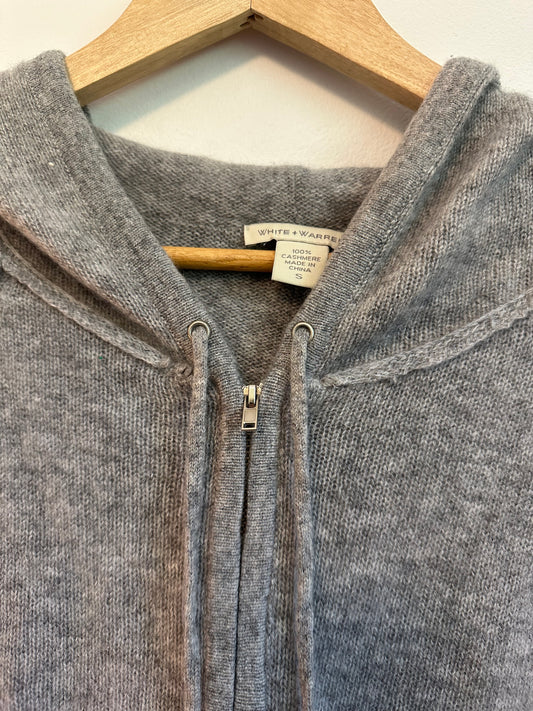 White + Warren Gray Cashmere Zip Up Hooded Sweater | Size Small
