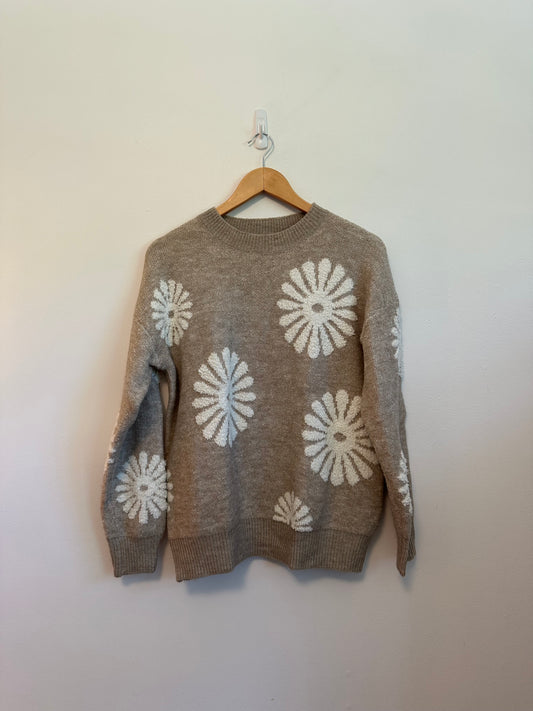 &merci Tan Round Flower Pullover Sweater | Size Small