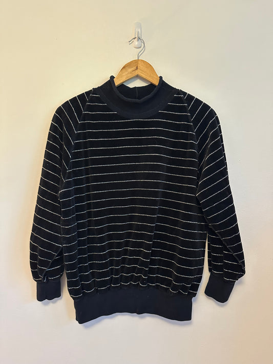 Sonia Rykiel Paris Black Silver Metallic Striped Velour Mock Neck Sweatshirt | Medium