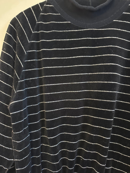 Sonia Rykiel Paris Black Silver Metallic Striped Velour Mock Neck Sweatshirt | Medium