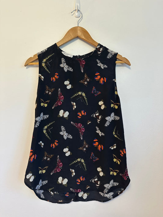 Equipment Black Butterfly Print 100% Silk Sleeveless Top | Size Medium