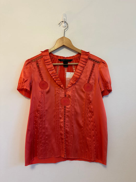 Marc Jacobs Silk Lace Coral Orange Ruffle V-Neck Blouse | Size Small