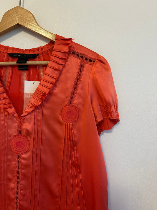 Marc Jacobs Silk Lace Coral Orange Ruffle V-Neck Blouse | Size Small