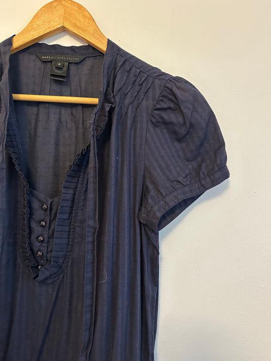 Marc by Marc Jacobs Navy Blue Cotton Shadow Stripe Drop Waist Dress | Size 8