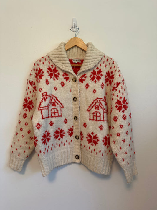 Moon River Cream and Red Cabin Snowflake Wool Blend Shawl Cardigan | Size Small