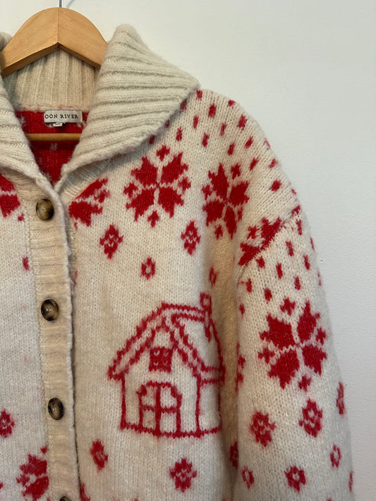 Moon River Cream and Red Cabin Snowflake Wool Blend Shawl Cardigan | Size Small