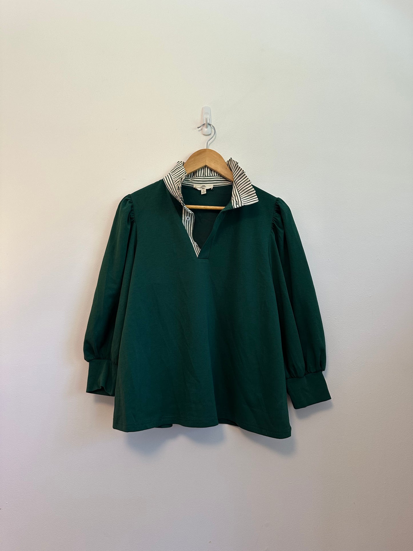 Entro Puff Sleeve Polo Shirt in Green with Striped Collar | Size Small