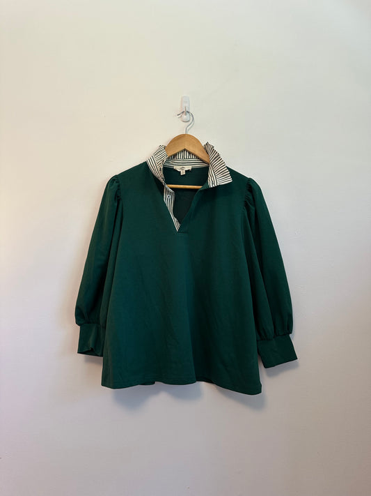 Entro Puff Sleeve Polo Shirt in Green with Striped Collar | Size Small