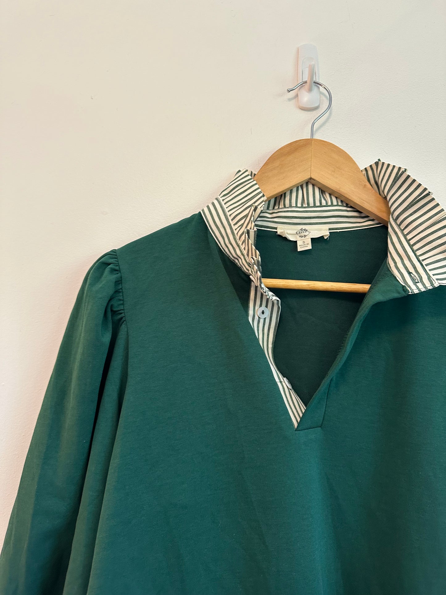 Entro Puff Sleeve Polo Shirt in Green with Striped Collar | Size Small