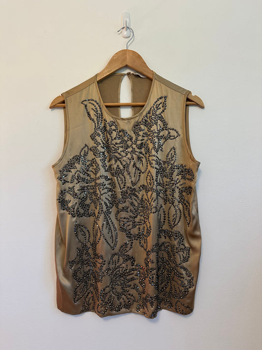 Stella McCartney Gold Beaded Floral Satin Sleeveless Blouse | Size IT 42
