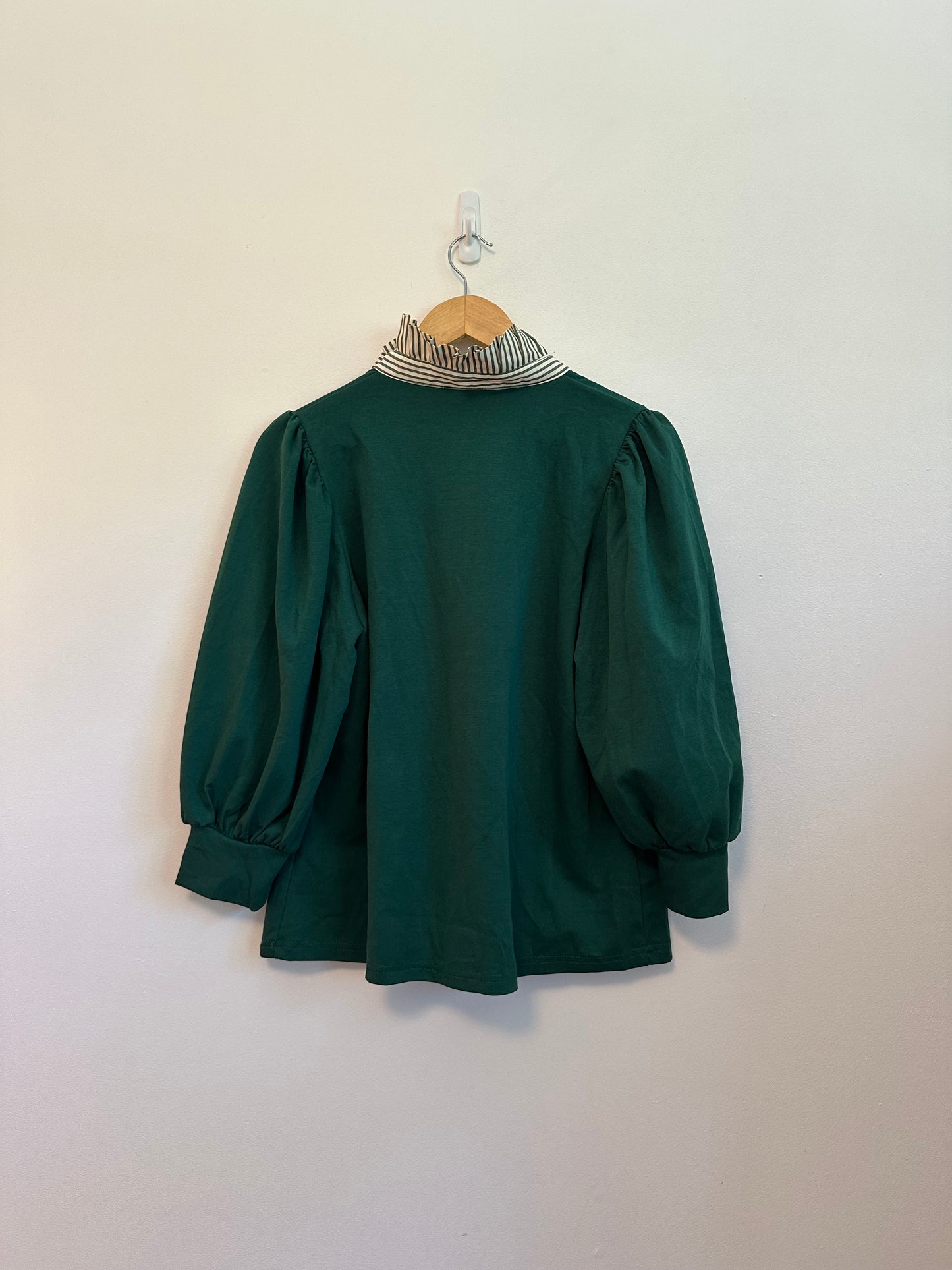 Entro Puff Sleeve Polo Shirt in Green with Striped Collar | Size Small