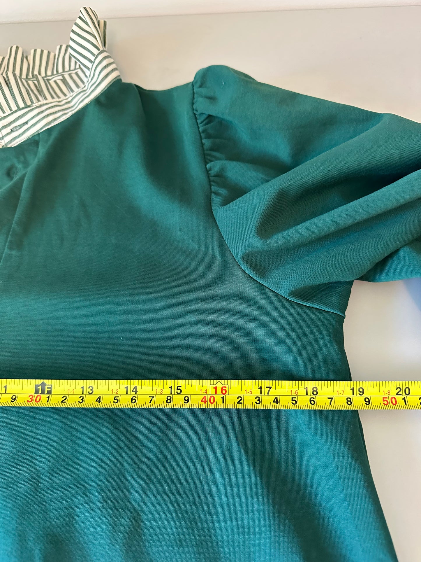 Entro Puff Sleeve Polo Shirt in Green with Striped Collar | Size Small